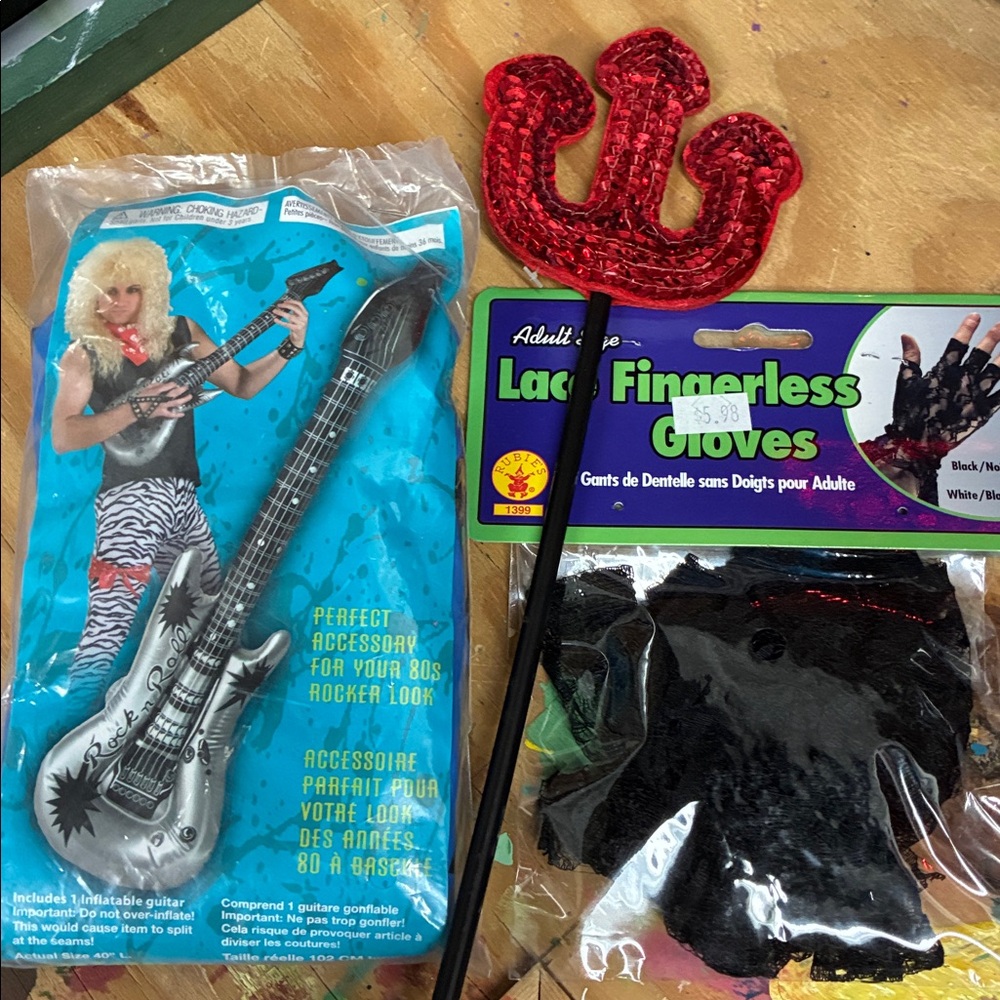 Rubie's Black Lace Fingerless Gloves and inflatable blue guitar